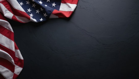 American flag on black stone background. Top view with copy space.の素材