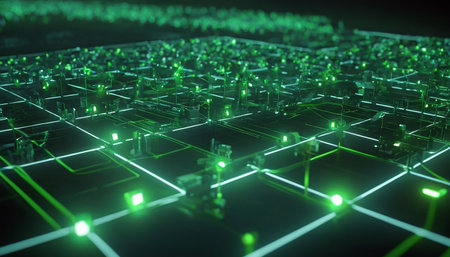 3d rendering of circuit board with microcircuits and green lightsの素材