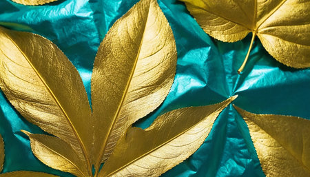 golden leaves on turquoise background, close-up shotの素材