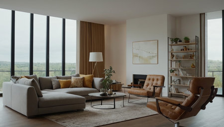 Modern living room with sofa, coffee table and bookshelves. Nobody insideの素材