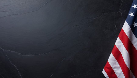 American flag on black stone background. Top view with copy space.の素材