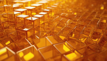 golden cubes abstract background. 3d rendering, 3d illustration.の素材