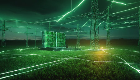 Electricity pylons in the field at night. 3d renderingの素材