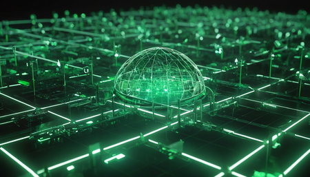 3d rendering of abstract green circuit board with sphere and binary codeの素材