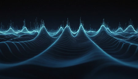 3D illustration of abstract digital sound waves on dark background. Sound waves.の素材