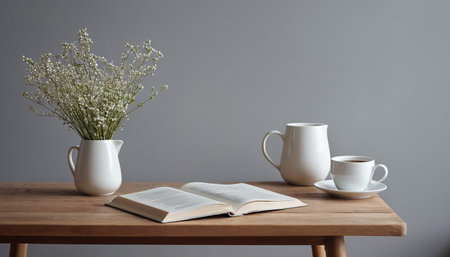 Cup of coffee, book and vase with gypsophila flowers on wooden tableの素材