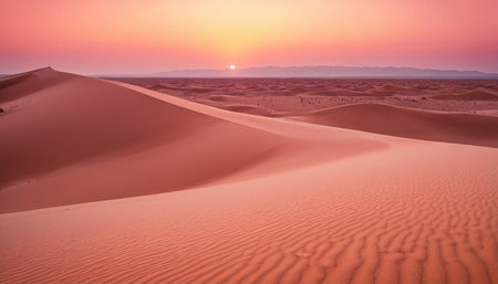 Sunset over the sand dunes in the Sahara desert, Moroccoの素材