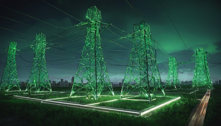 High voltage pylons in the city at night. 3d renderingの素材