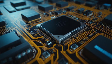 Close up of electronic circuit board. Technology and electronics concept. Selective focusの素材