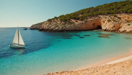 Sailing boat in the bay of Cala Paradiso, Sardiniaの素材