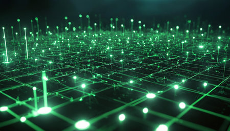 Futuristic circuit board with glowing lights. 3D Renderingの素材