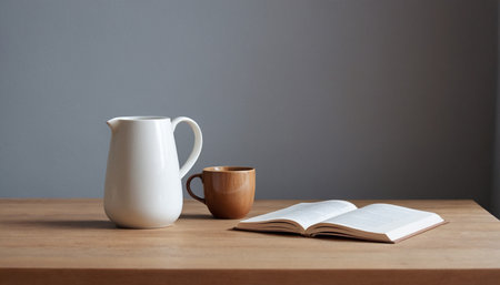coffee cup and book on wooden table with grey wall background.の素材