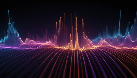 3d render of abstract technology background with glowing particles. Futuristic digital wave.の素材