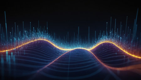 3d rendering of abstract digital background with glowing particles. Futuristic wave with depth of field and bokeh.の素材