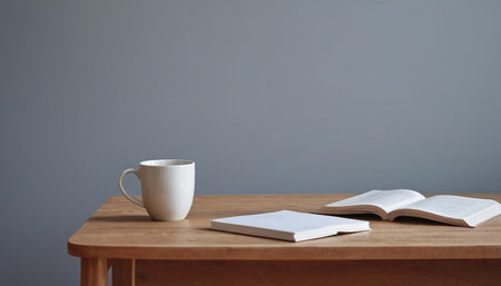 Cup of coffee and open book on wooden table against grey backgroundの素材