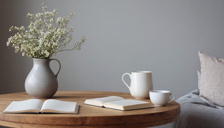 Cup of coffee, book and vase with flowers on wooden tableの素材