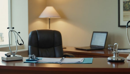 Stethoscope on a desk in a hospital room. Medical equipment.の素材