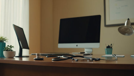 Stethoscope on desk in doctor office. Medical and healthcare concept.の素材