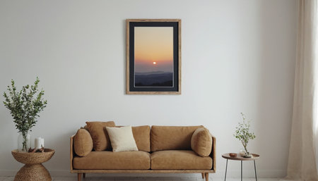 Modern living room interior with a brown sofa and a picture frame on the wallの素材