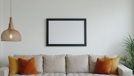 Interior of modern living room with white sofa, orange cushions and black frame. 3d renderの素材