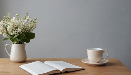 Lily of the valley in a vase, a cup of coffee and a book on a wooden tableの素材