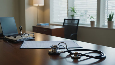 Stethoscope and laptop on desk in doctor office, medical conceptの素材
