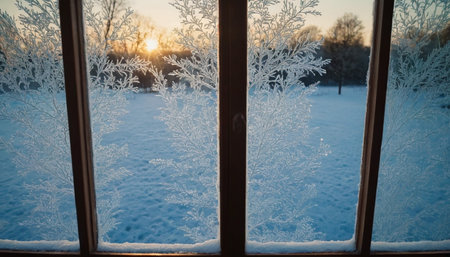 Beautiful winter landscape with frosty window. Frosty morning.の素材