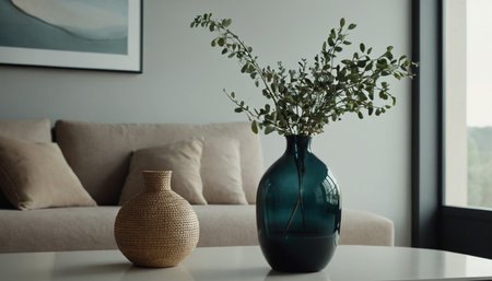 Vase with eucalyptus on table in living roomの素材