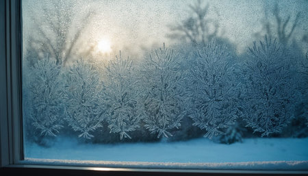 Beautiful winter landscape with snow-covered trees on a window.の素材