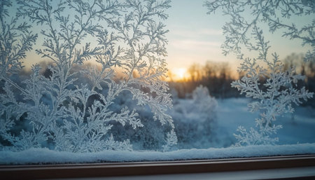 Beautiful winter landscape. Frosty morning on the window. Winter landscape.の素材