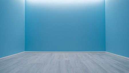 Empty room with blue wall and wooden floor. 3d rendering.の素材
