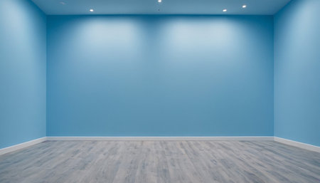 Blue wall and wooden floor in empty room. 3d rendering.の素材