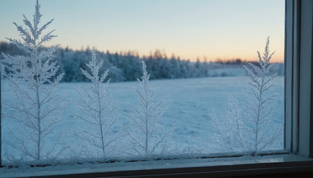 Beautiful winter landscape on the window in the evening. Russia.の素材