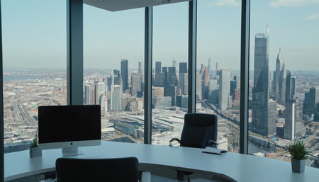 Modern office interior with panoramic city view and skyscrapersの素材
