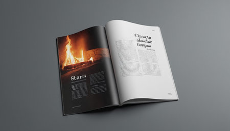 Open magazine with fire on gray background. 3d illustration. Mock upの素材