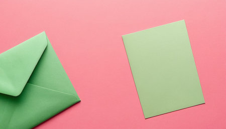 top view of two green envelopes on pink background with copy spaceの素材