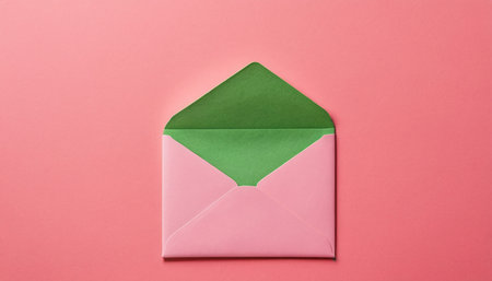 top view of pink envelope with green paper on pink background, flat layの素材