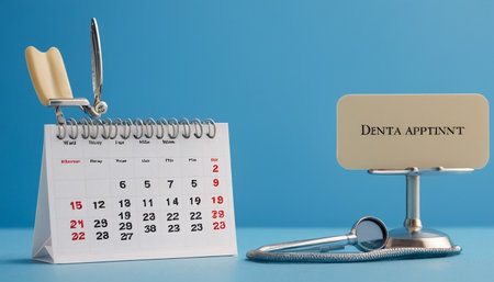 Dental calendar and stethoscope on blue background with copy spaceの素材