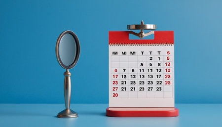 Calendar and mirror on a blue background. Business and planning concept.の素材
