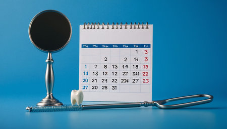 Dental mirror and tooth implant on blue background. Dentistry concept.の素材