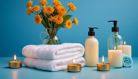 Spa still life with towels, candles and flowers on blue backgroundの素材