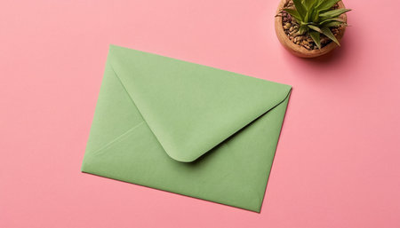 top view of green envelope and succulent in pot on pink backgroundの素材