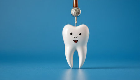Tooth with a toothbrush on a blue background. Dentistry concept.の素材