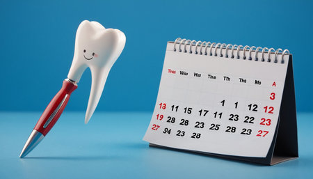 Tooth and calendar on blue background. Dental care concept.の素材