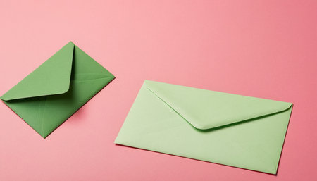 Two green envelopes on a pink background. Flat lay, top view.の素材