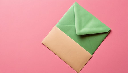 top view of green and brown envelopes on pink background with copy spaceの素材