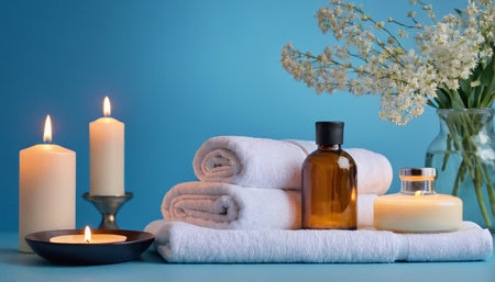 Spa still life with towels, candles and essential oil on blue backgroundの素材