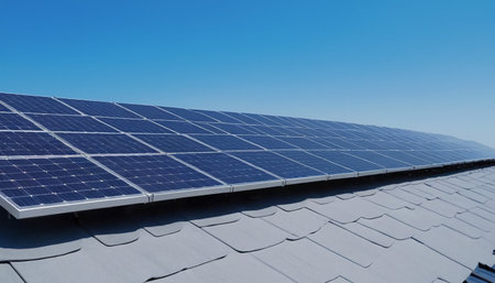 Solar panels on the roof of a house, closeup of photoの素材