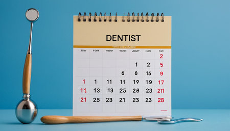 Dentist tools and calendar for dental care on blue background.の素材