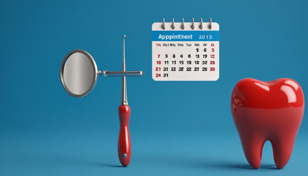 Dentist's day calendar and tooth on blue background. 3D Renderingの素材